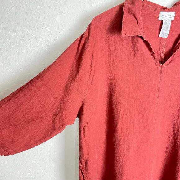 Mosaic USA | 100% Linen Terra Cotta Red Oversized 3/4 Sleeve Collared Tunic - Picture 5 of 7